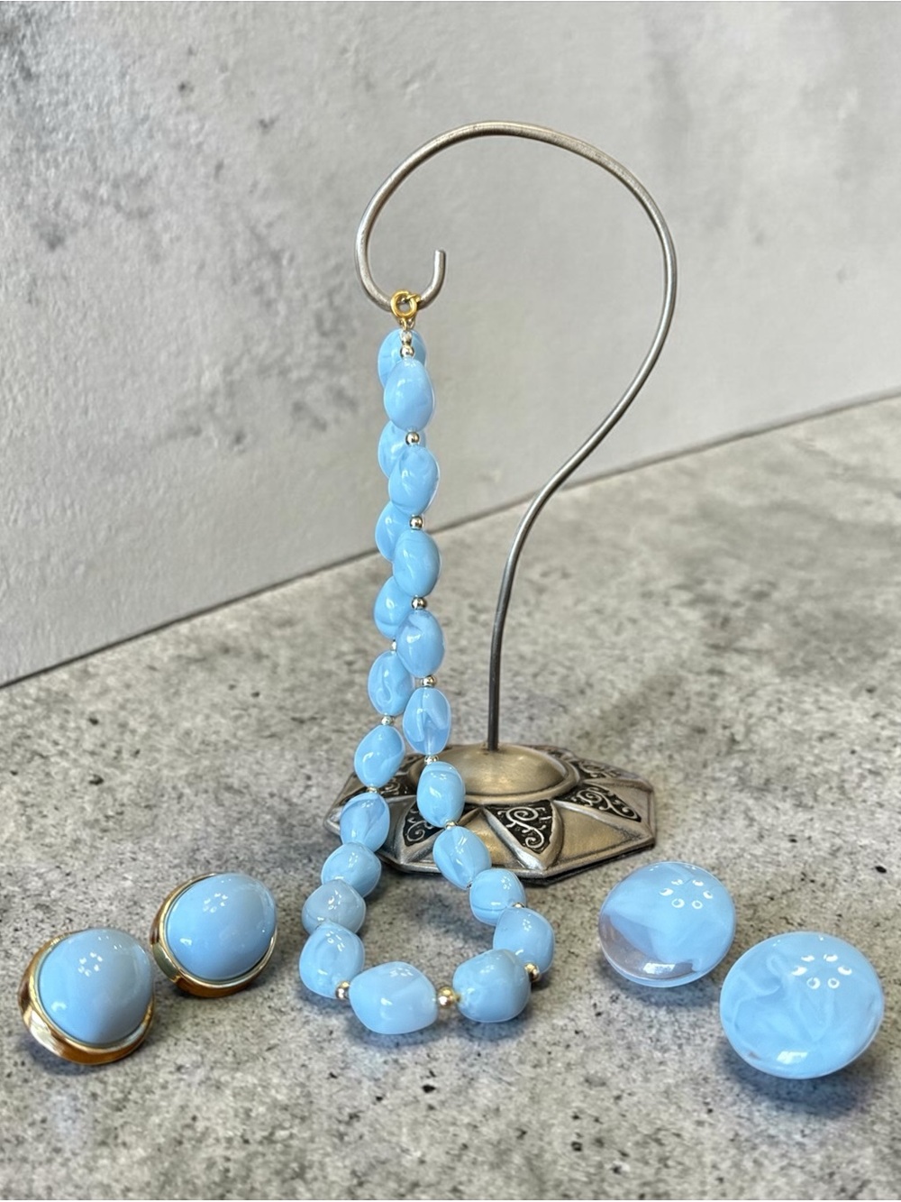 Vintage Blue Marbled Beaded Necklace & 2 Earring Sets Gold Tone